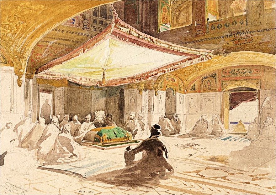 A sketch of the interior of the Harmandir Sahib (Golden Temple) in Amritsar by William Simpson, ca.1860