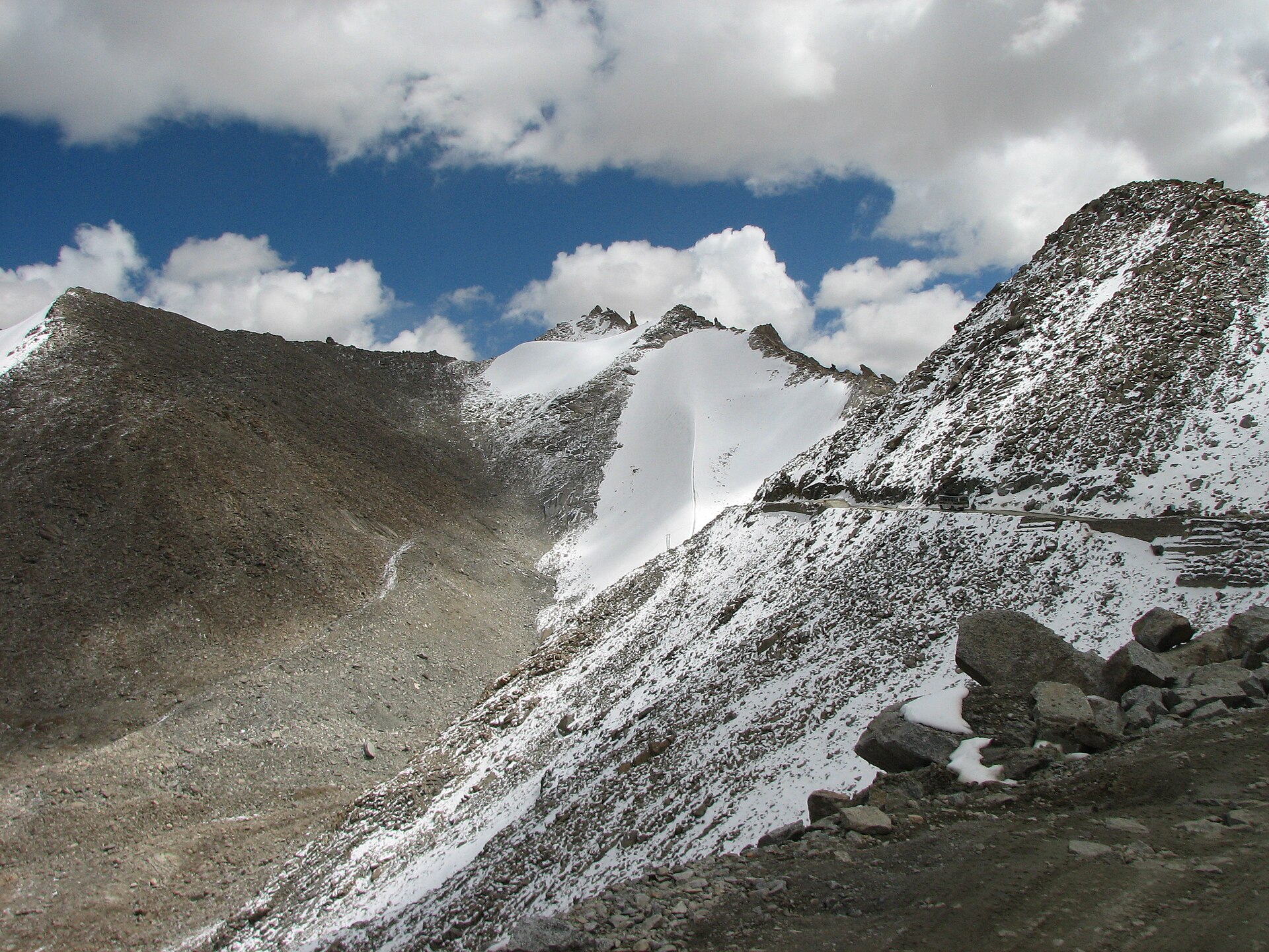 Incredible India, the highest pass in the world. Khardung La pass 5602 m with icey road near Leh Ladakh Jammu