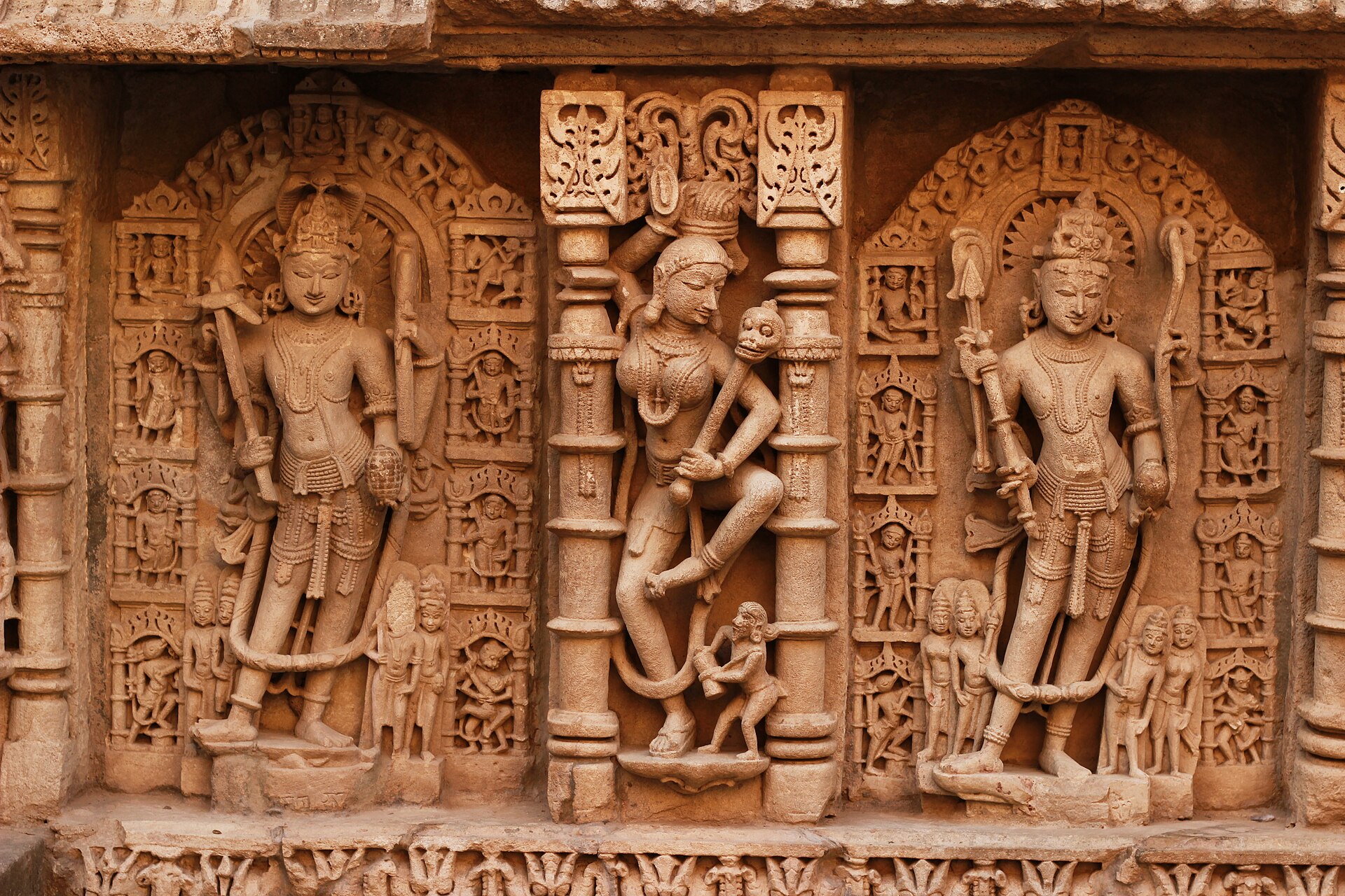 Intricate carvings adorn the historic Rani ki vav stepwell in Gujarat, showcasing ancient Indian sculpture.